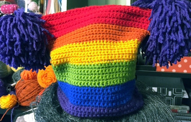 Double Pom Pom Hat crocheted by Sharpin Designs